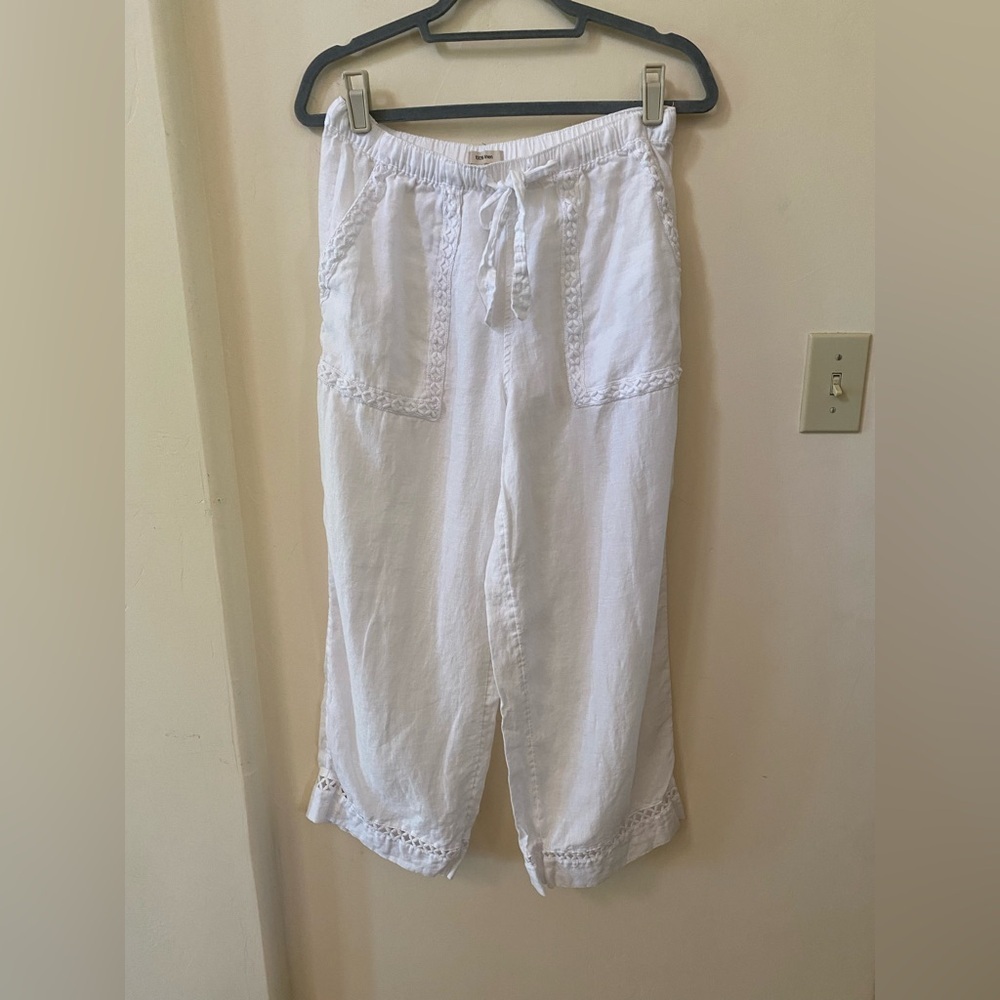 100% Linen White Wide Leg Lattice Eyelet Pants Drawstring Waist M - Picture 7 of 8